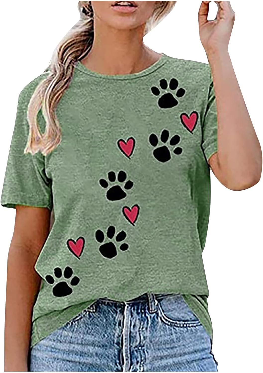 Cute Dog Paw Print T-Shirts for Women Love Heart Short Sleeve Shirts Dog Lover Tee Dog Mom Tops Summer Casual Blouse