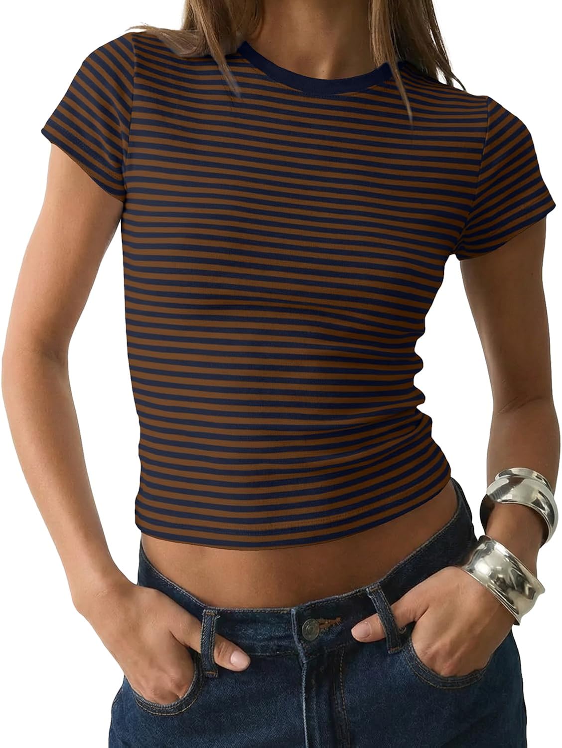 Women Striped Short Sleeve Crop Tee Top Round Neck Slim Fit Tshirt Y2K Aesthetic Preppy Cotton Shirt Girls Minimalist