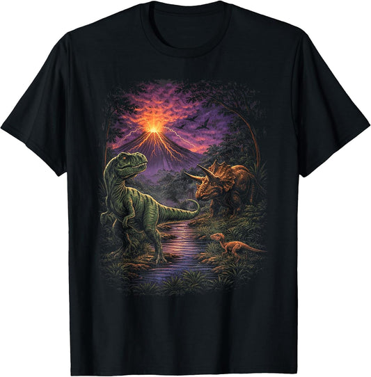 Retro Jurassic Dinosaur Volcano Nature Tee