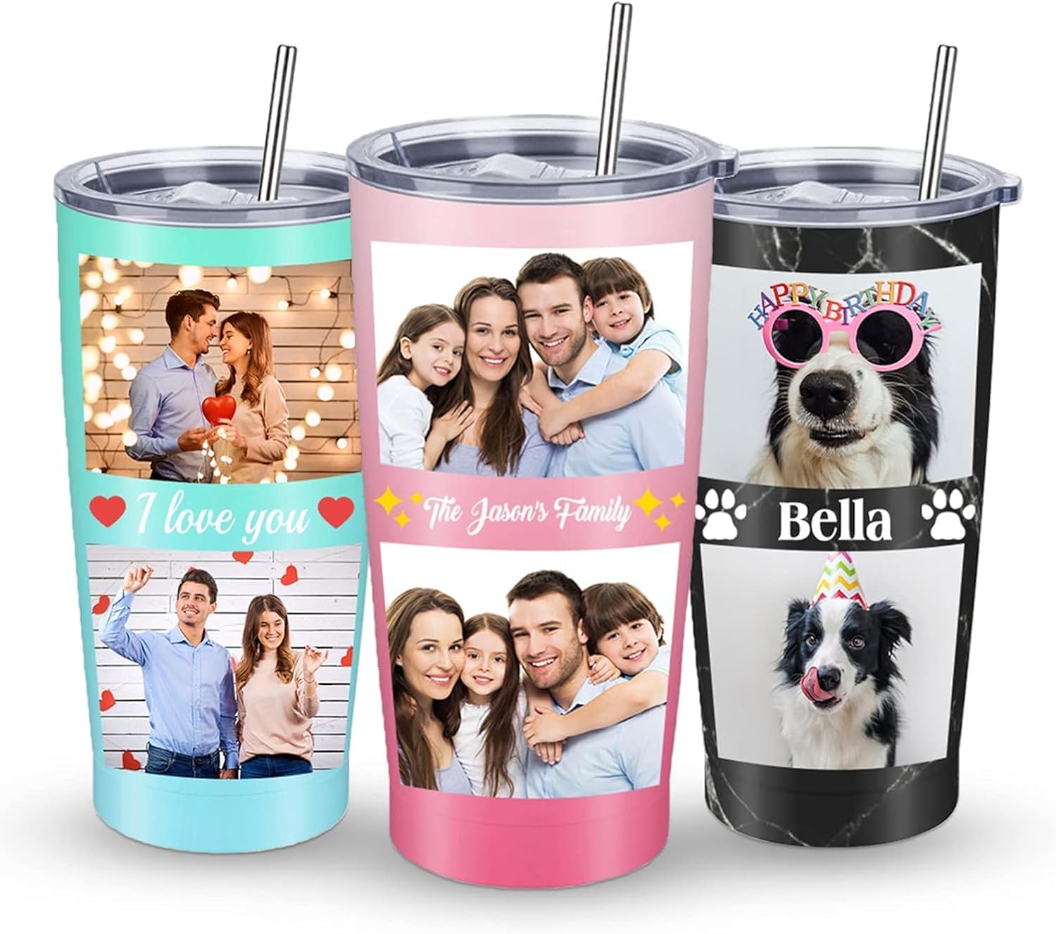 Personalized Photo Tumbler Custom Coffee 20oz Mug Cups with Name Text Lid and Straw Customized Print Picture Travel Cup Gifts for Christmas Birthday for Dad Mom Friends Men Women