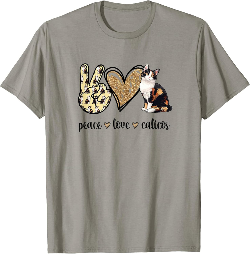 Womens Girls Art Peace Love Calico Cat Lover T-Shirt