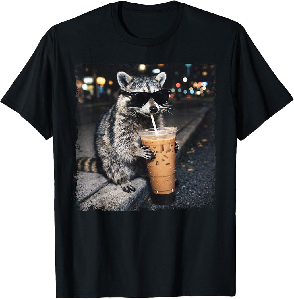 Funny Raccoon Drinking Iced Coffee Funny Animal Meme Raccoon T-Shirt