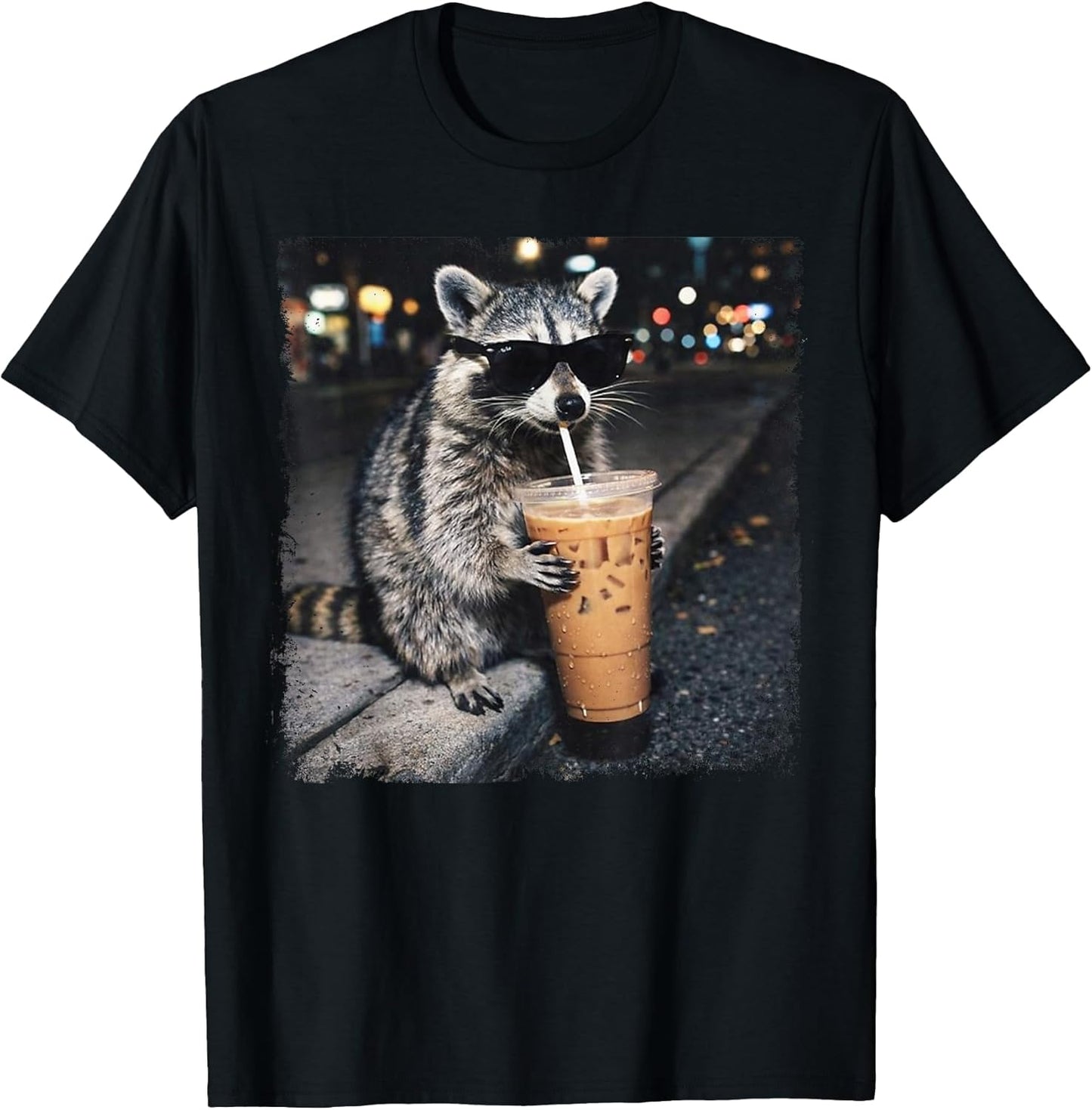 Funny Raccoon Drinking Iced Coffee Funny Animal Meme Raccoon T-Shirt