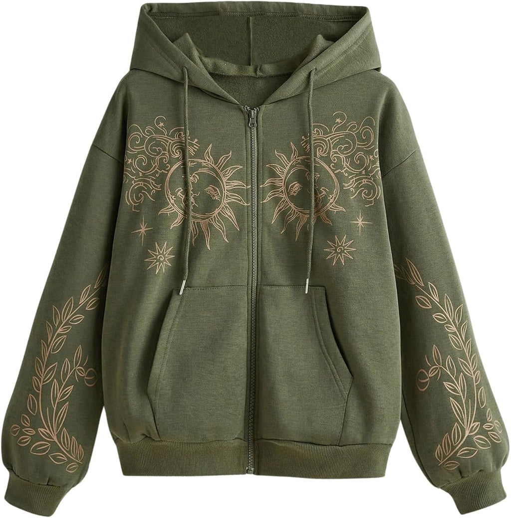 Women's Zip Up Graphic Hoodies Sweatshirt Drawstring Sun Print Drop Shoulder Long Sleeve Jacket