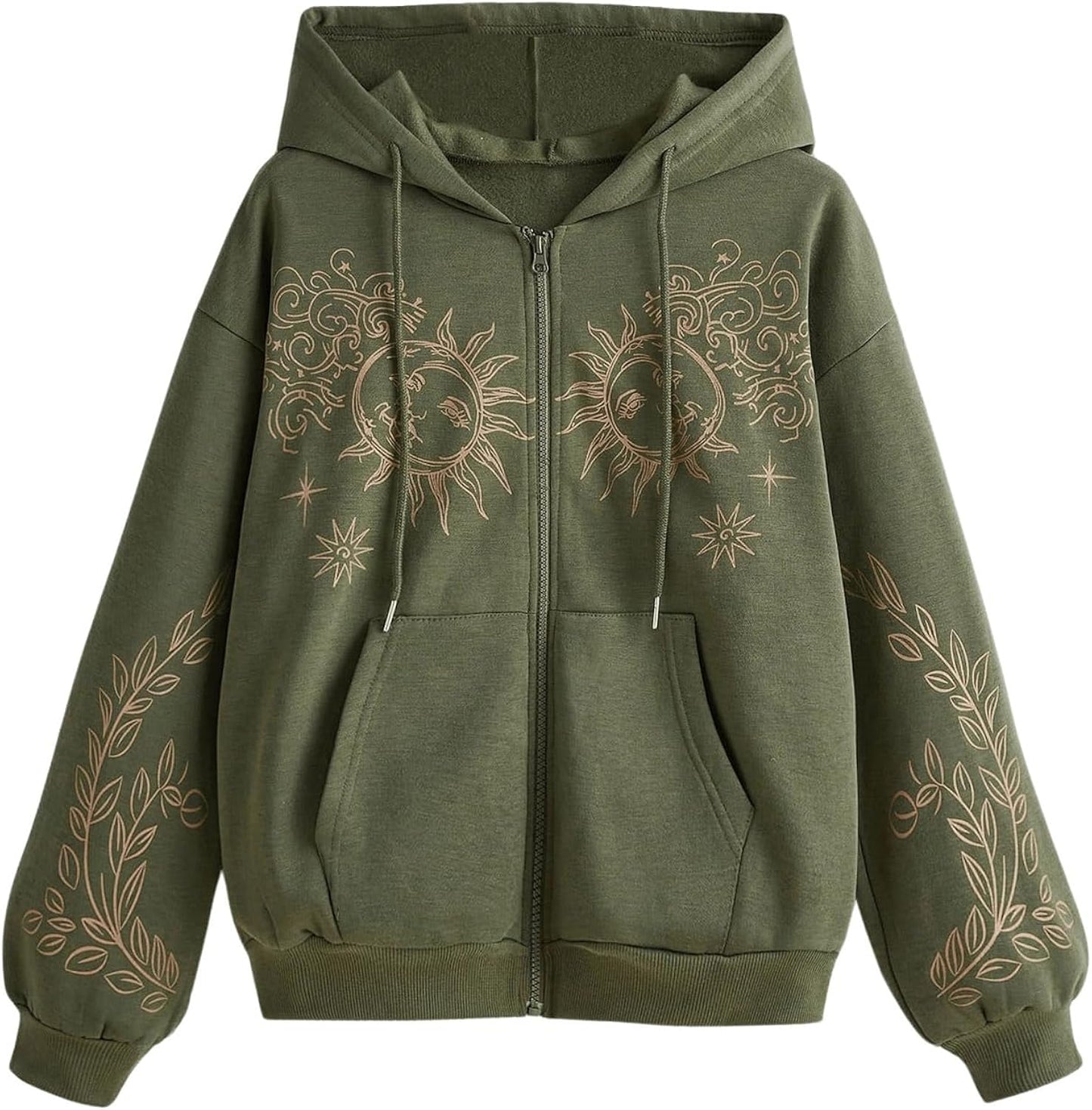Women's Zip Up Graphic Hoodies Sweatshirt Drawstring Sun Print Drop Shoulder Long Sleeve Jacket