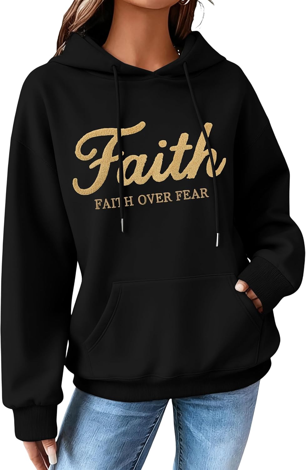 Faith Over Fear Hoodie Christian Sweatshirts Women Embroidered Religious Sayings Sweater Bible Pullover Tops