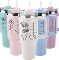 ThermoThrill Ships Next Day, Personalized 40 Oz Tumbler with Handle and Straw Custom Tumbler with Text Stainless Steel Mug Birthday Gifts for Women (1.Personalized with Birth Flowers, 40OZ)