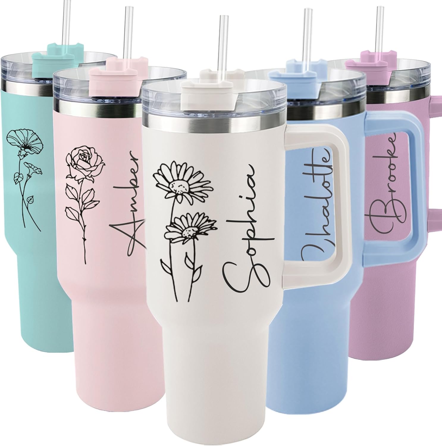 ThermoThrill Ships Next Day, Personalized 40 Oz Tumbler with Handle and Straw Custom Tumbler with Text Stainless Steel Mug Birthday Gifts for Women (1.Personalized with Birth Flowers, 40OZ)