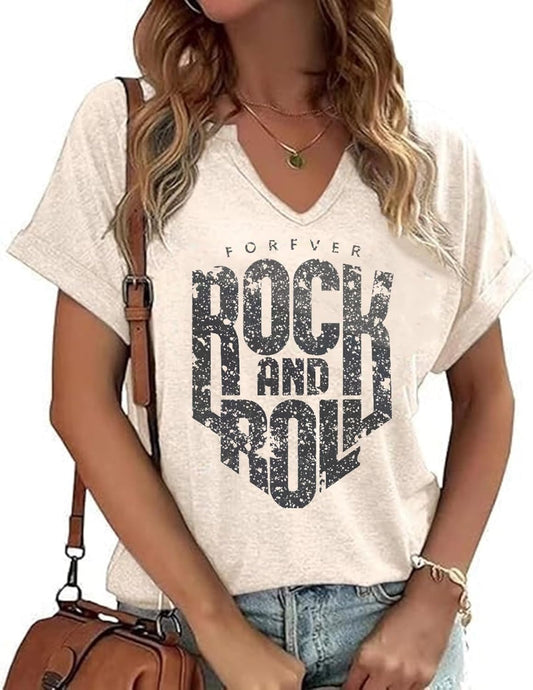 Women Vintage Rock T Shirts Casual Loose Fit Short Sleeve Country Rock Band T-Shirts Tshirt Vintage Letter Print