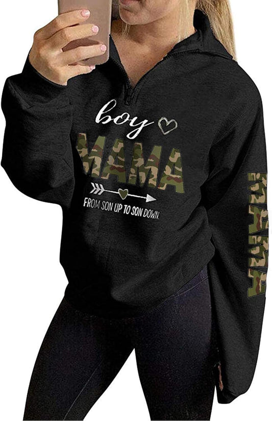 Women Mama Life Zip Up Pullover Sweatshirt Jacket High Collar Quarter 1/4 Zip Coat