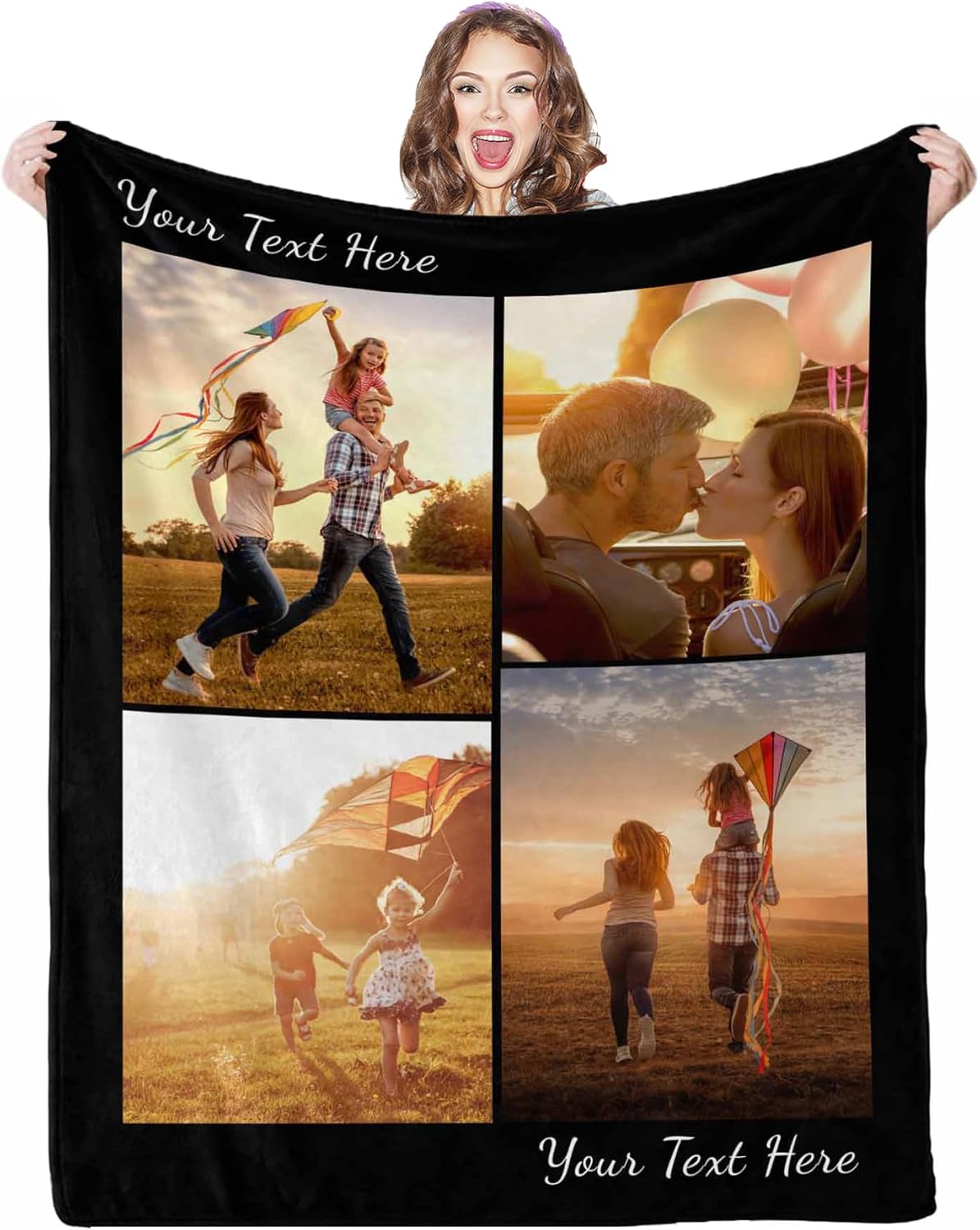 Personalized Photo Blanket, 4 Photos Custom Blankets Photo Blankets Customize for Mom Grandma Wife Women from Daughter Son Husband, 8 Sizes