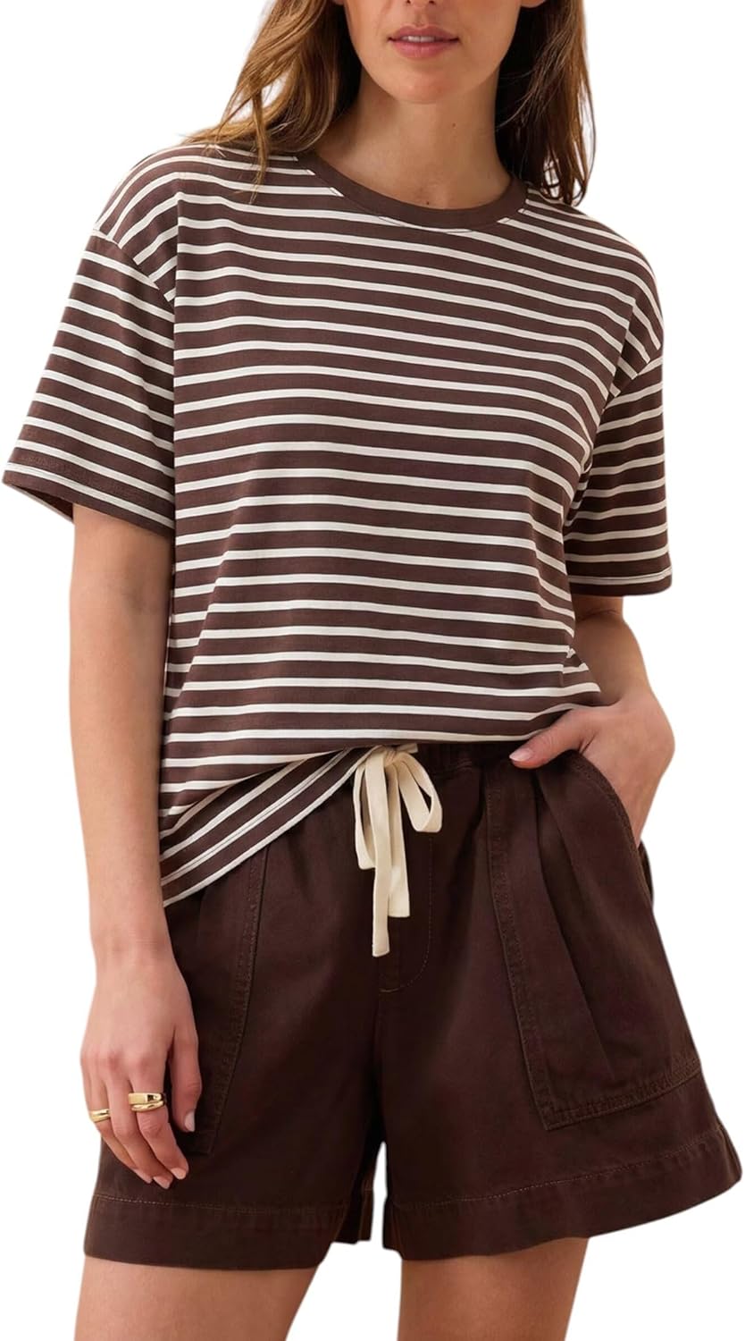 Women's Vintage Boxy Cropped Tee Short Sleeve Striped T Shirt Loose Fit Tops Casual Summer Blouses