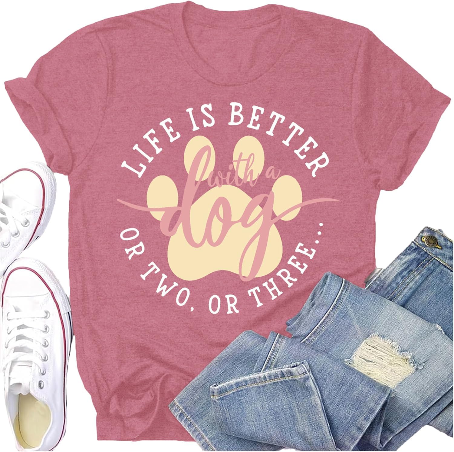 Dog Shirts for Women Dogs Mom Shirt Pet Paw Lover Tees Life is Better with a Dog Short Sleeves