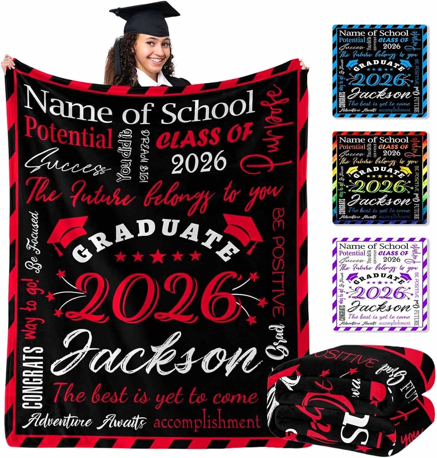 2026 Graduation Gifts, Custom Blanket Graduation Decorations 2026 Red and Black Personalized Fleece Throw Blanket for Kids Adult Party Decor for High School Senior College Student