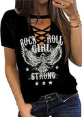 Rock Roll Criss-Cross Hollow Out T-Shirt Women Vintage Concert Rock Band Shirt Retro Country Music Short Sleeve Tops