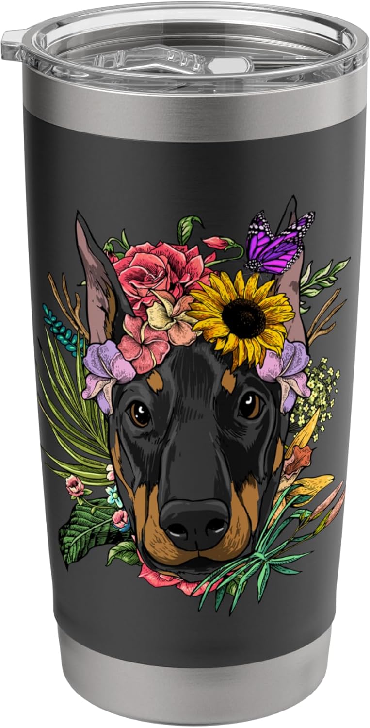 Doberman Shirt Floral Doberman Pinscher Dobie Pet Dog Lover Stainless Steel Insulated Tumbler