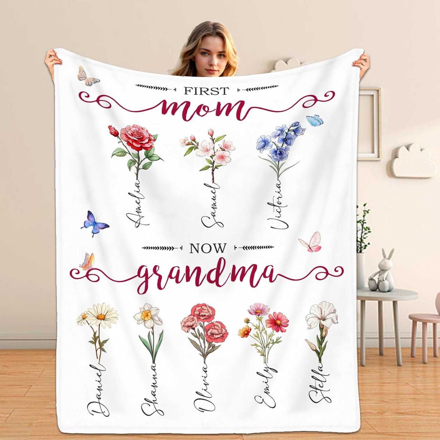 Mothers Day Birthday Gifts for Mom Personalized Blanket with Name for Grandma Mom's Garden Birthday Gift for Grandmother Mom Nana Gigi Mimi Mommy