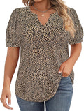 Womens Plus Size Tops Puff Short Sleeve V Neck Shirts Solid/Floral Summer Tshirt Casual Blouse Loose fit Tunics XL-5XL