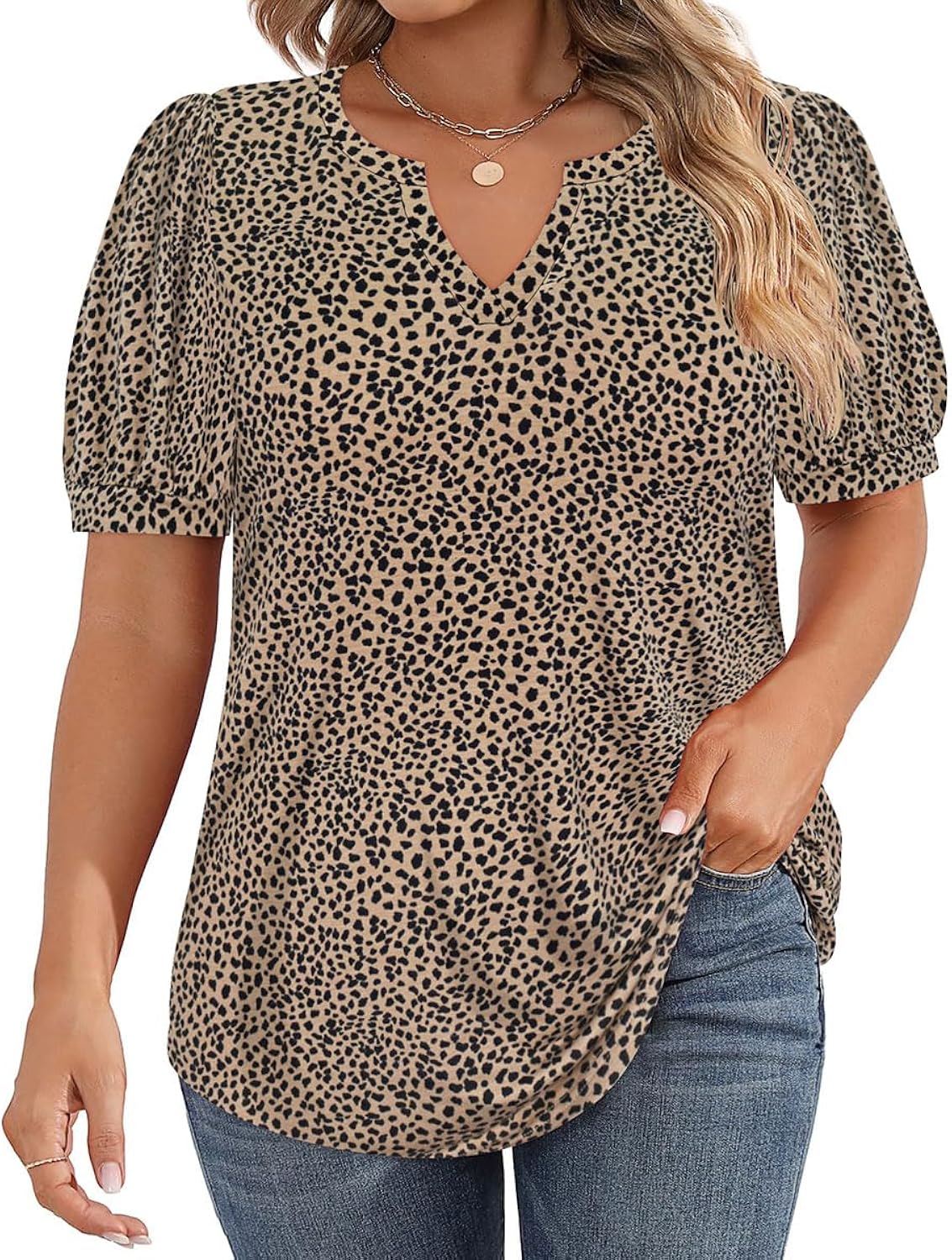 Womens Plus Size Tops Puff Short Sleeve V Neck Shirts Solid/Floral Summer Tshirt Casual Blouse Loose fit Tunics XL-5XL