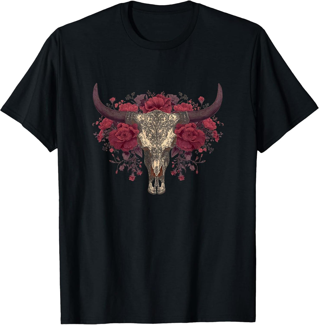 Floral Western Skull Art Cow Roses Boho Style