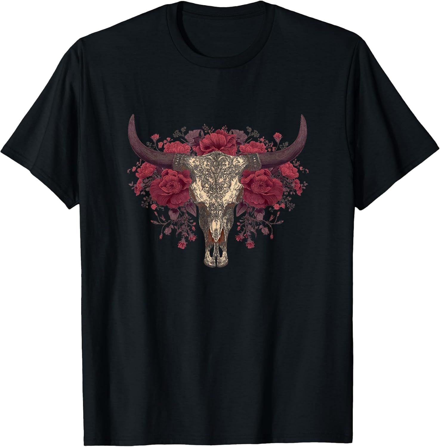 Floral Western Skull Art Cow Roses Boho Style