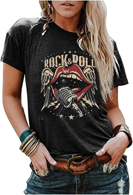 Rock and Roll Shirt Women Vintage Rock Band Concert T-Shirt Casual Graphic Country Music Short Sleeve Tee Tops