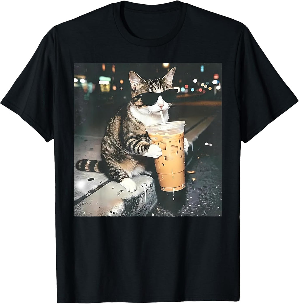 Funny Cat Drinking Iced Coffee Funny Cat Lover Animal Meme T-Shirt