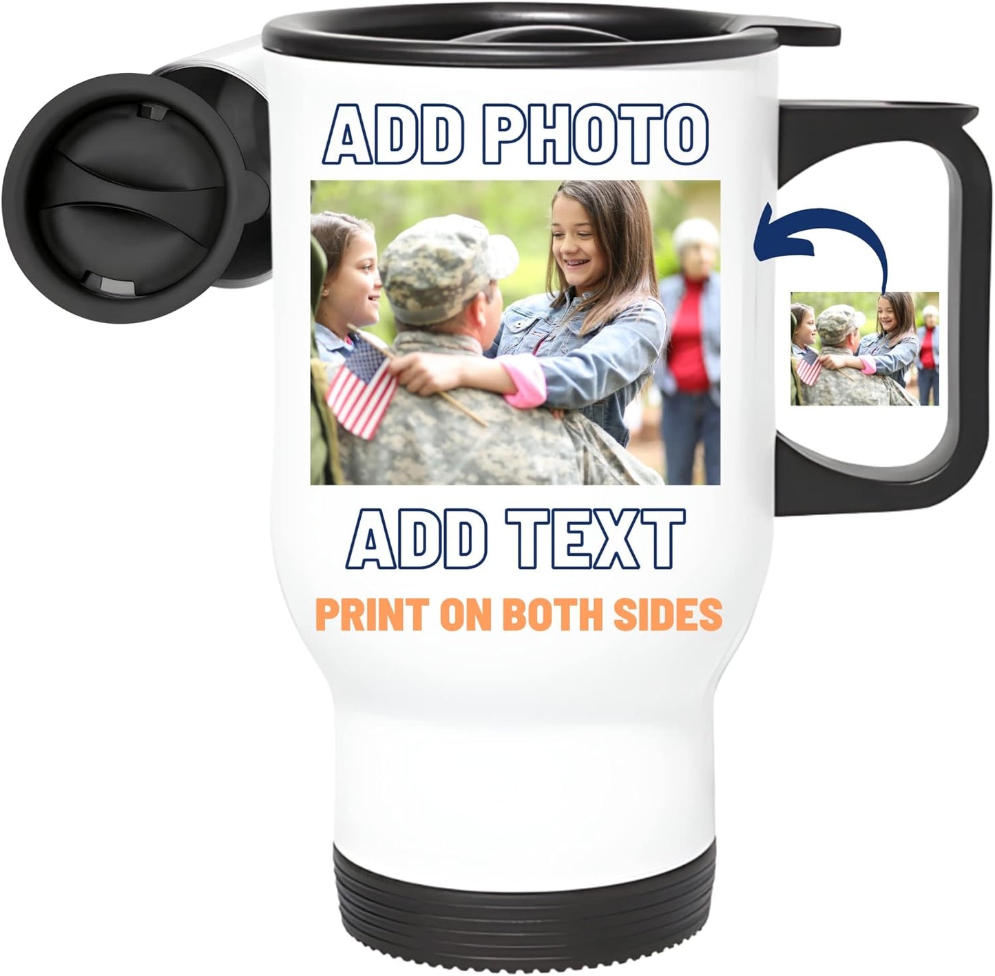 Personalized Tumbler Mug, Custom Picture Text or Logo Ceramic Mug, Customized Gift for Men & Women, Taza Personalizada with Photo and Words, Customizable 14 Oz tumbler | White w/Lid great for gifting.