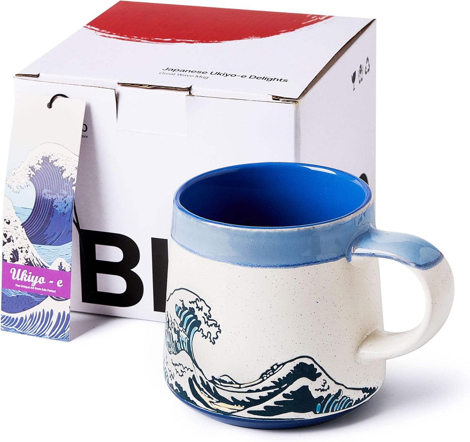 BICETTO Handmade 15oz Japanese Ukiyo-e Large Ceramic Coffee Mug, Artistic Pottery Big Tea Cup for Office & Home, Microwave & Dishwasher Safe (Great Wave)