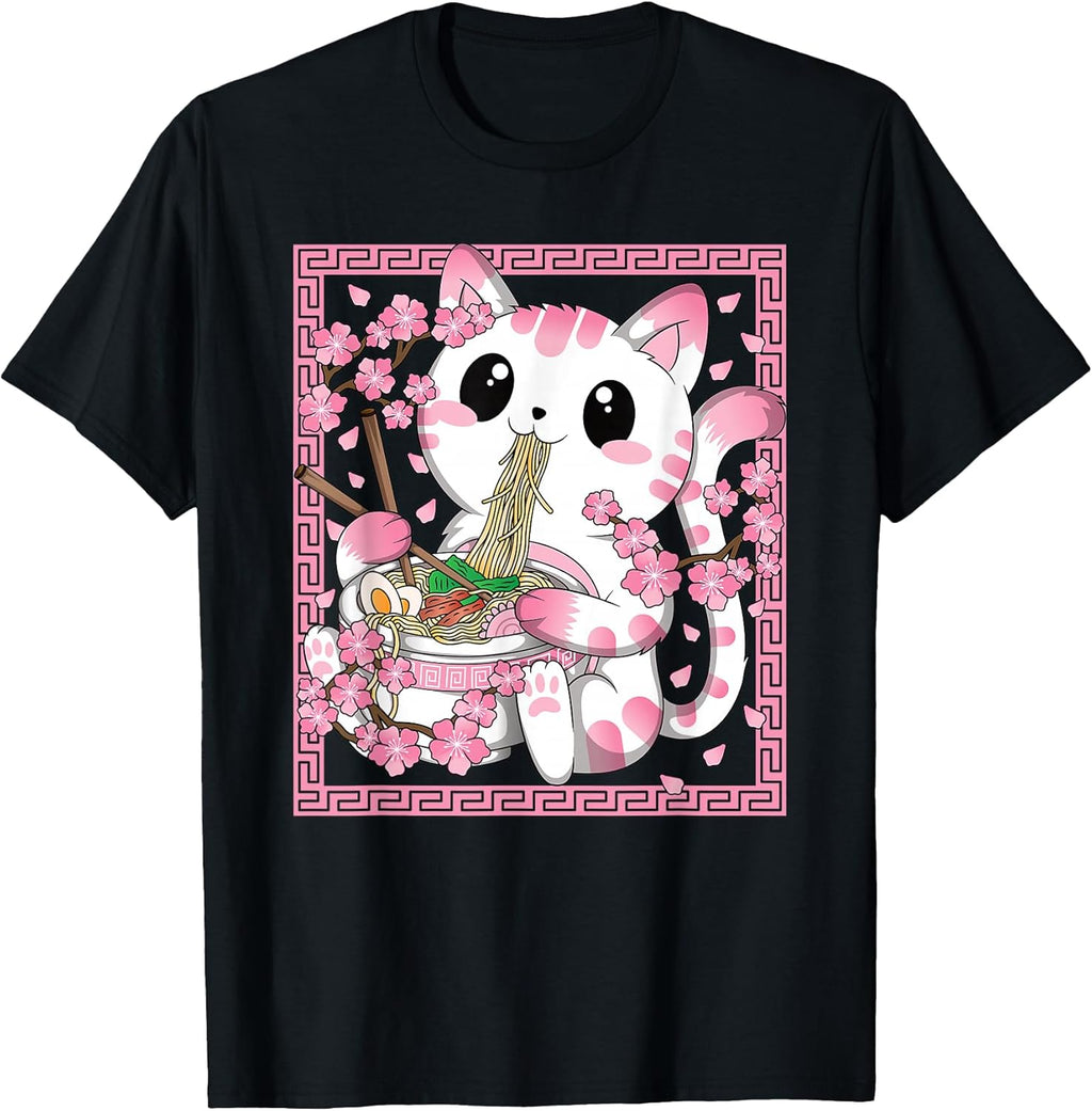 Kawaii Cat Ramen Anime Japanese Cherry Blossom Women Girls T-Shirt