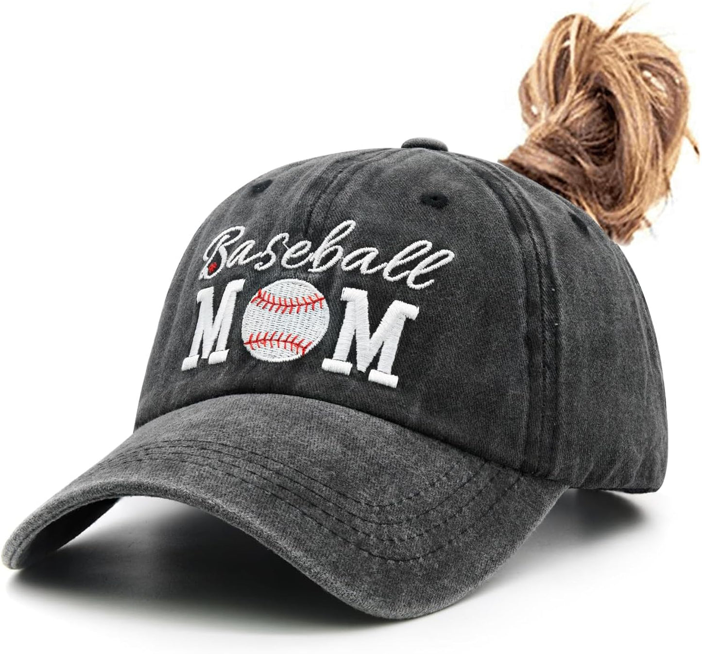 Women's Embroidered Adjustable Ponytail Hat Messy High Bun Baseball Cap