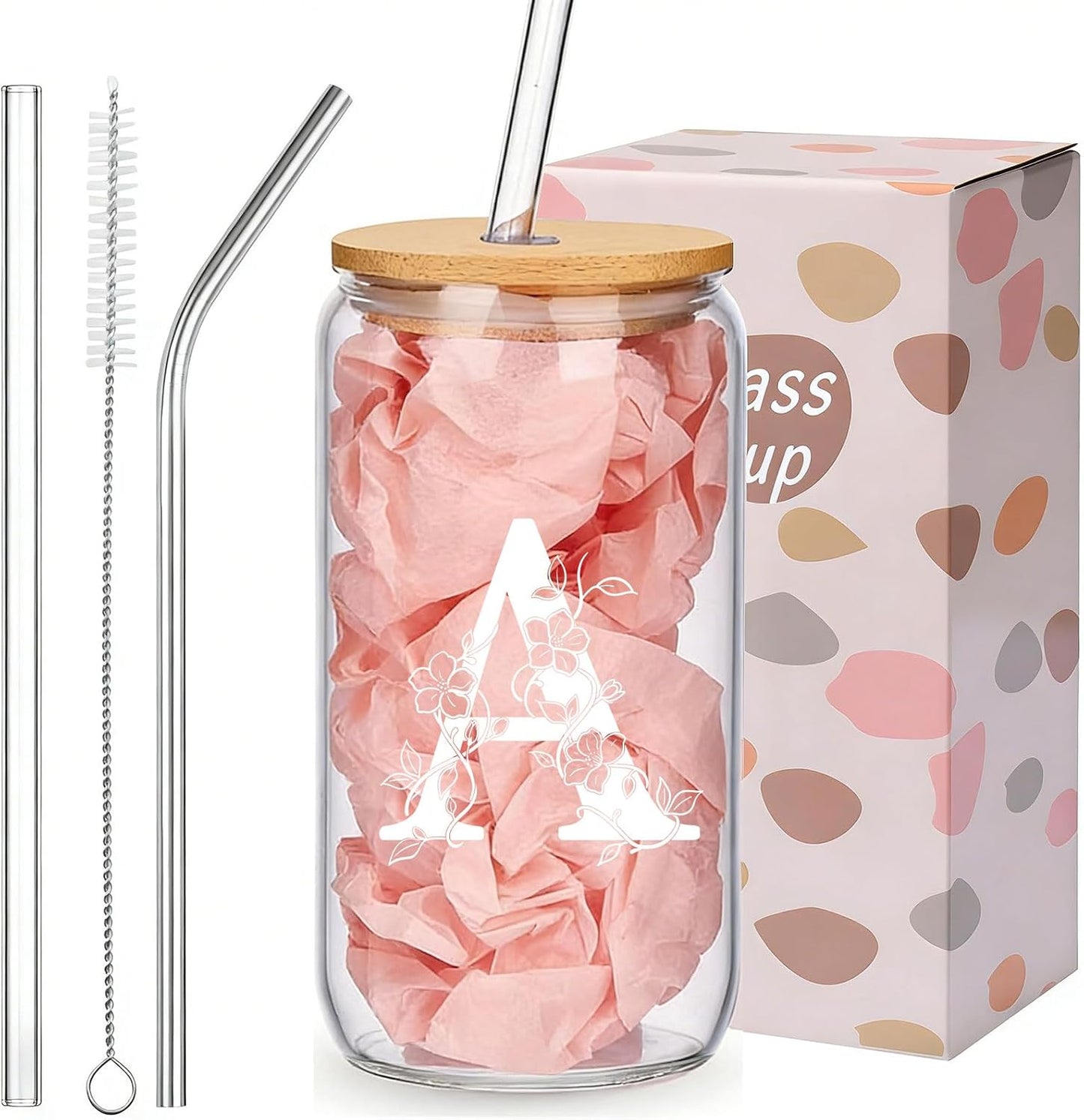 Personalized Gifts for Women, Monogrammed Glass Cups with Lids and Straws, Customized Gifts for Women, Cute Design Initial Iced Coffee glasses, Custom Letter Mug, Birthday Bridesmaid, A