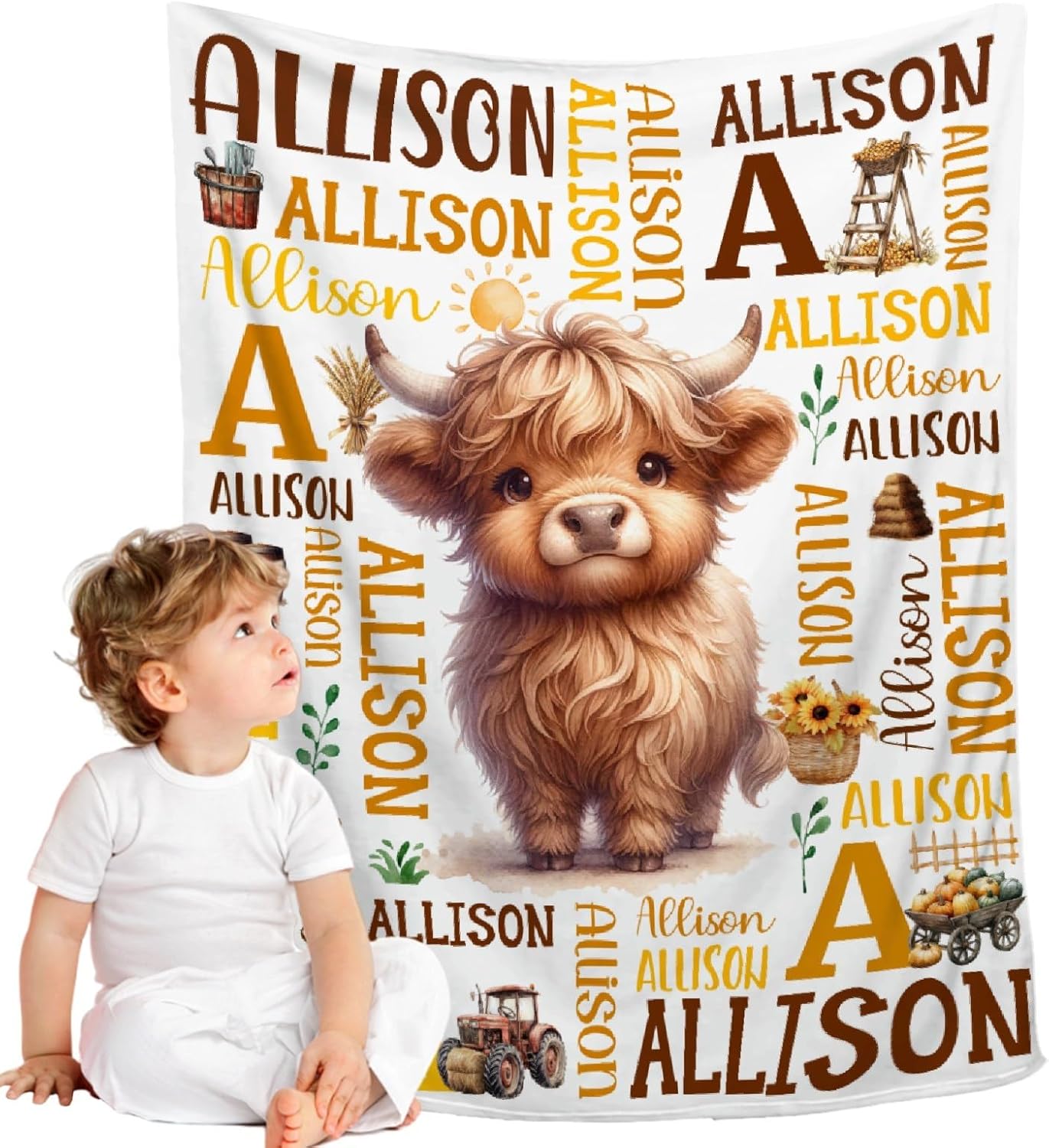 Custom Highland Cow Blanket,Personalized Baby Blanket for Girls Boys,Customized Swaddle Throw Decor for Toddlers Infants Newborns Nursery Stroller Crib,30"x40"-Toddlers/Pets Size