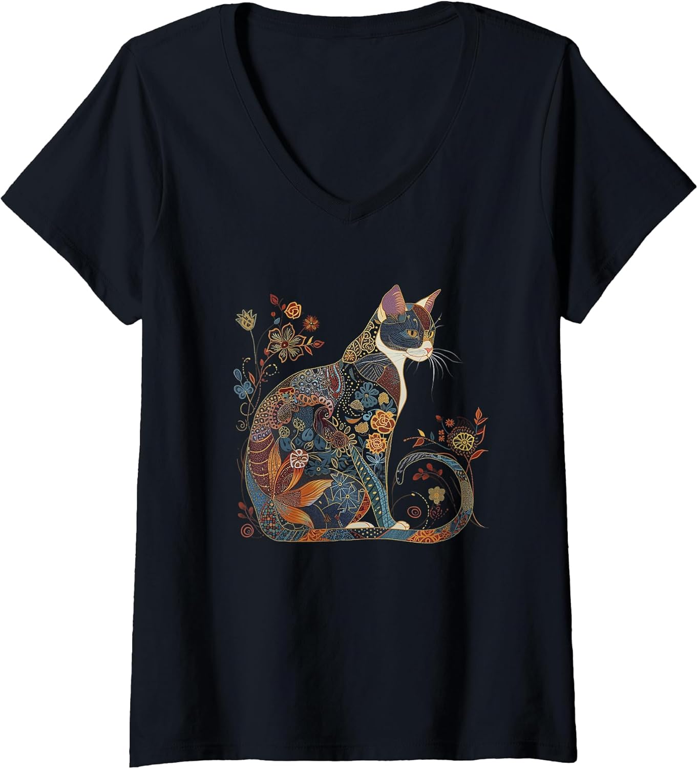 Womens Cat Colorful Floral Patterns Vintage Flowers Art Cat Lover V-Neck T-Shirt