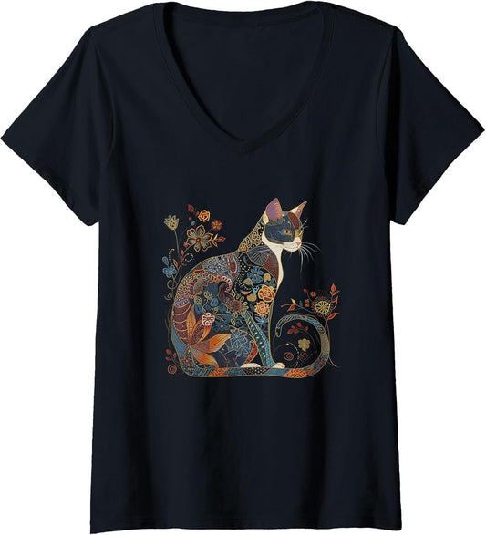 Womens Cat Colorful Floral Patterns Vintage Flowers Art Cat Lover V-Neck T-Shirt