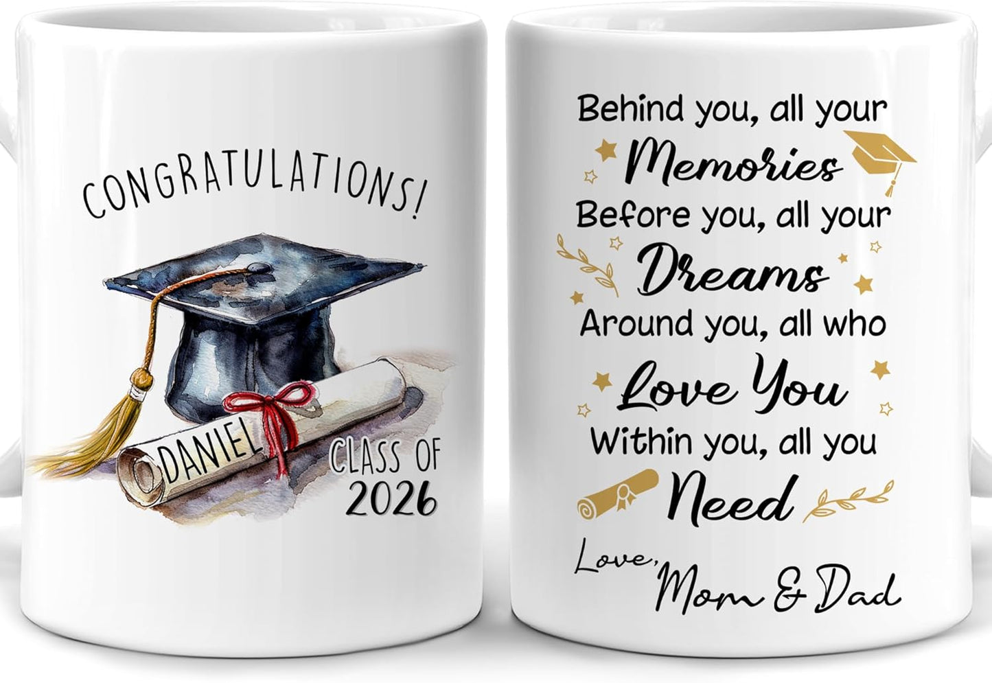 Hyturtle Personalized Graduation Mug Gifts for Daughter Son Grandchildren - Senior 2026 Gifts - Graduation Greeting Mug for Graduates Students - Custom Name 11oz 15oz White Ceramic Coffee Tea Cup