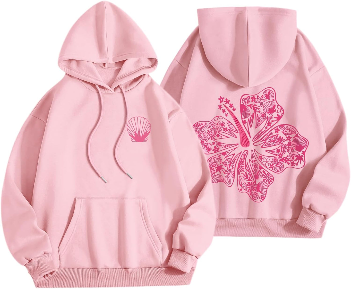 Womens Cute Pink Flower Hoodie Aesthetic Preppy Hawaiian Hibiscus Sweatshirt Casual Puff Graphic Hoodies Pullover Tops