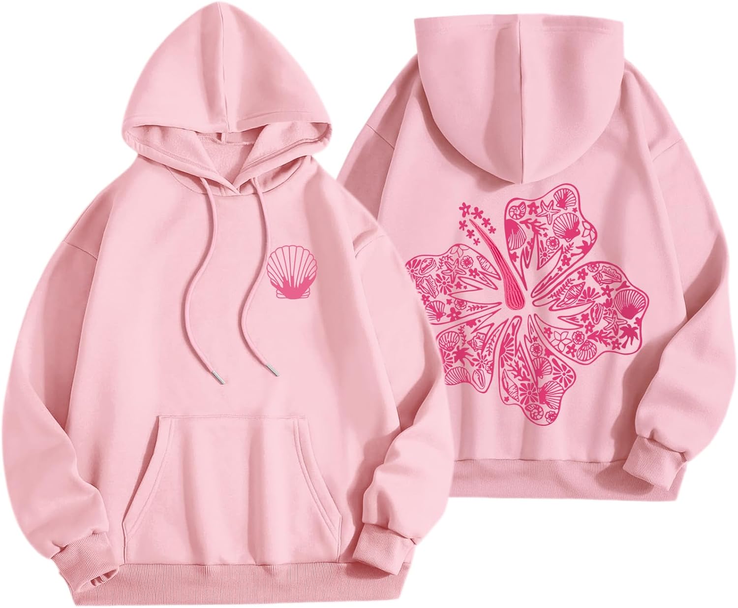Womens Cute Pink Flower Hoodie Aesthetic Preppy Hawaiian Hibiscus Sweatshirt Casual Puff Graphic Hoodies Pullover Tops