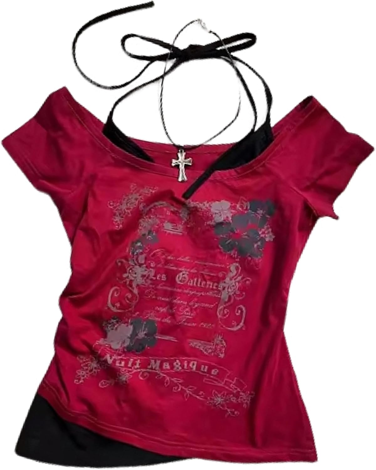 Baby Tee Y2k Women Grunge Top Emo 2000s Vintage Fake Two Piece Short Sleeve T Shirt Crop Tops Teens