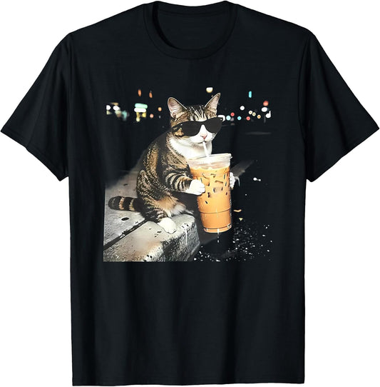 funny cat drinking iced coffee t-shirt