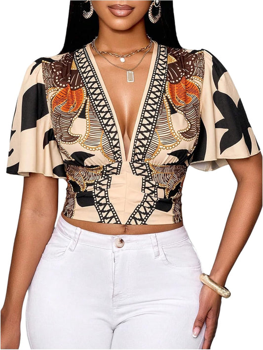 Women's Boho Printed Deep V Neck Short Sleeve Blouse Shirt Summer Casual Crop Tops