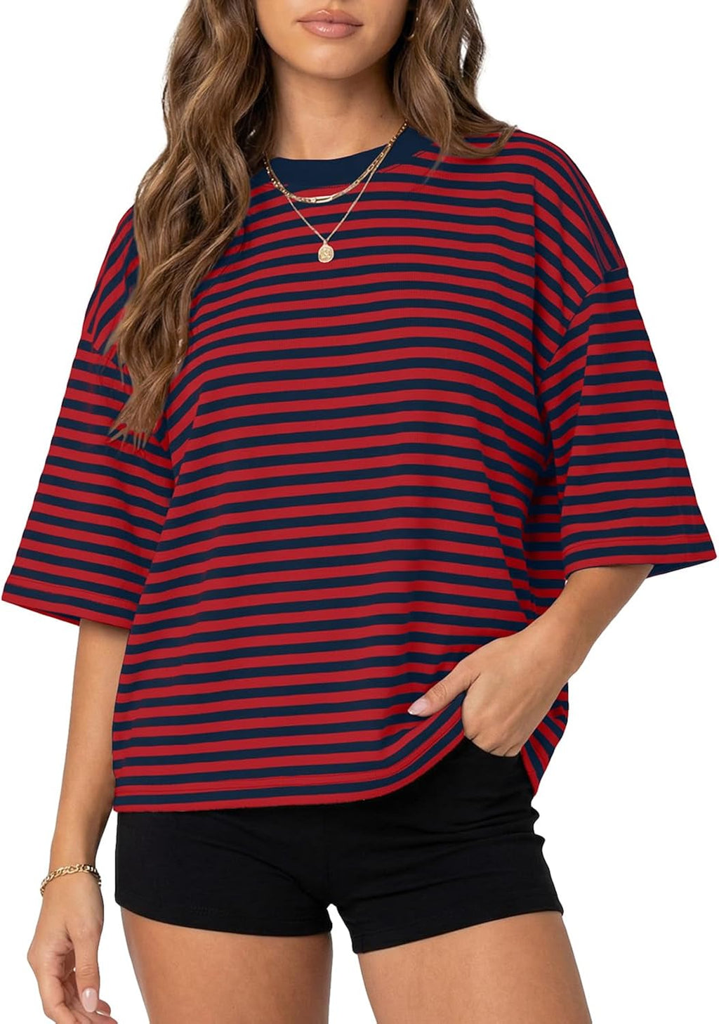 Oversized Crewneck Striped Tee Tops Short Sleeve Drop Shoulder Y2K Aesthetic Casual Preppy Cotton Tshirt Summer Girls