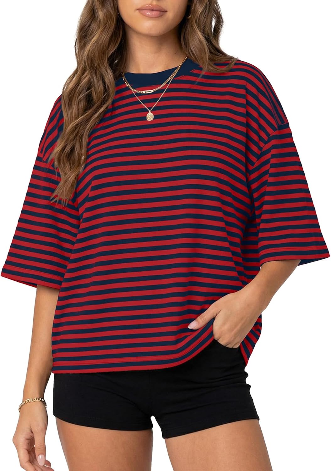 Oversized Crewneck Striped Tee Tops Short Sleeve Drop Shoulder Y2K Aesthetic Casual Preppy Cotton Tshirt Summer Girls