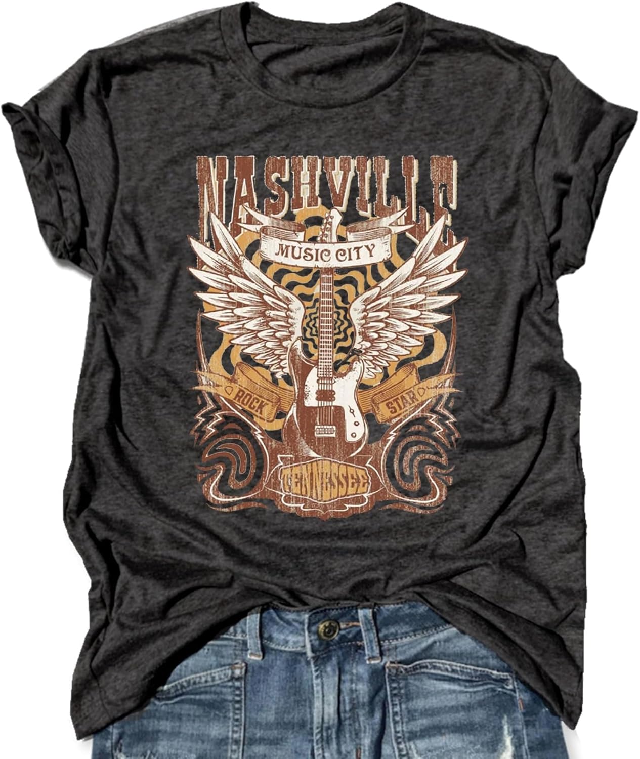 Women's Graphic T-Shirts Vintage Floral Shirt Women Boho Flowers Tees Nashville Music City Tshirt Short Sleeve T Shirt