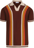 OXKNIT Mens Retor Polo Striped Brown V-Neck Knitted Shirt 1960s Mod Style Vintage Collared T Shirt
