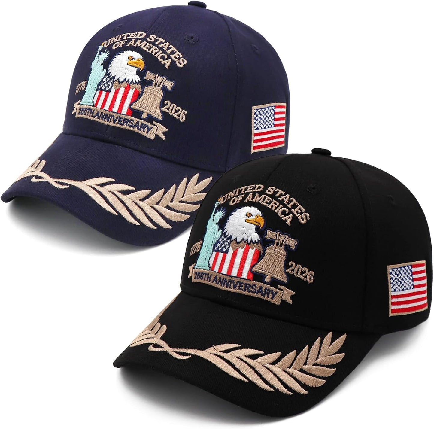 2 Pack 250 Anniversary USA Hat Embroidered Eagle & Liberty，Adjustable Patriotic American Flag Baseball Caps for Men Women
