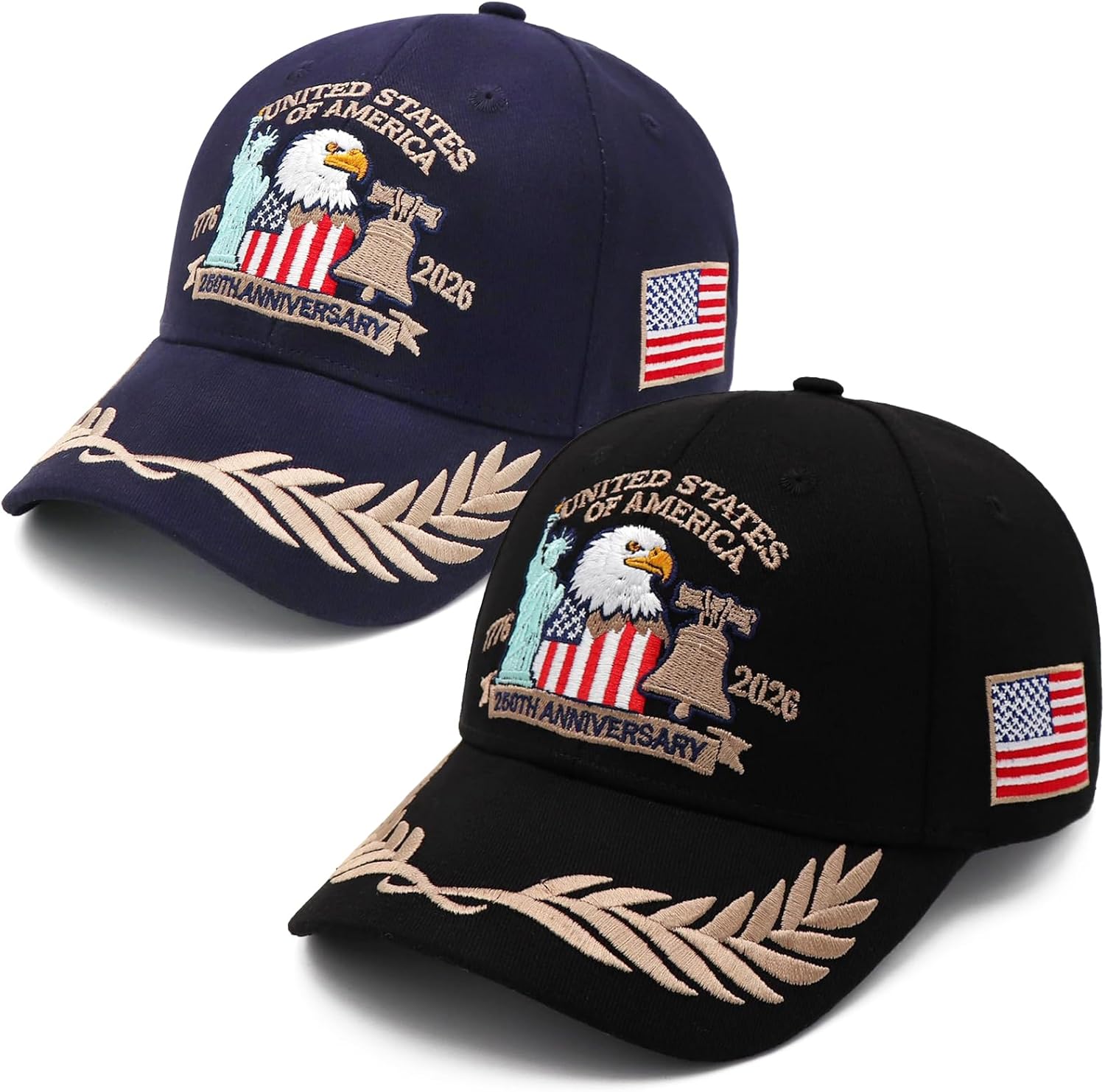 2 Pack 250 Anniversary USA Hat Embroidered Eagle & Liberty，Adjustable Patriotic American Flag Baseball Caps for Men Women