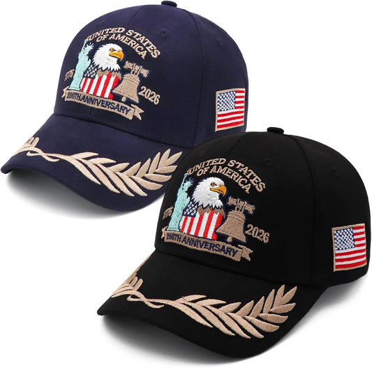 2 Pack 250 Anniversary USA Hat Embroidered Eagle & Liberty，Adjustable Patriotic American Flag Baseball Caps for Men Women