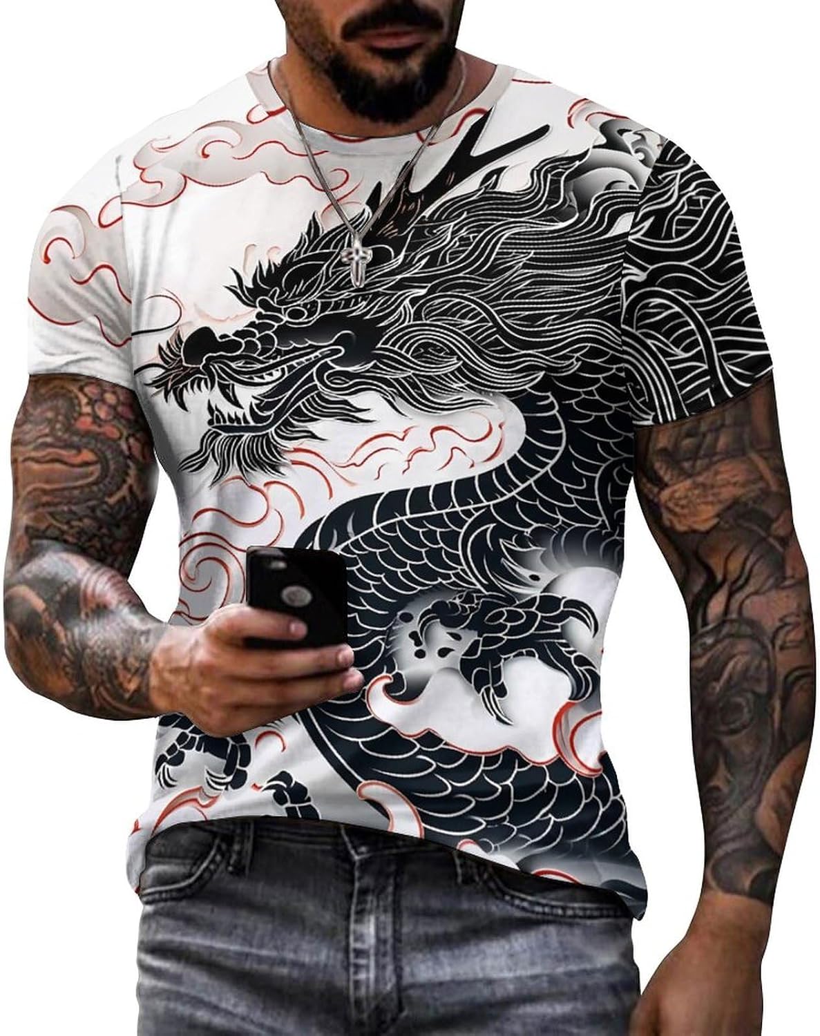 Mens Cool Chinese Loong T-Shirt Tops 2024 Novelty Ink Painting Print Short Sleeve Crewneck Fashion Soft Outwear