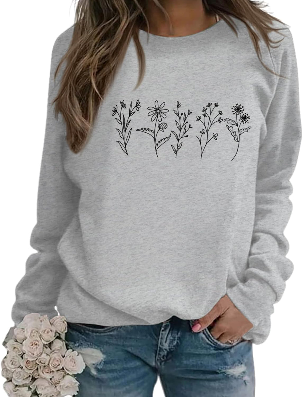 Flower Graphic Sweatshirt Women Vintage Floral Printed Long Sleeves Shirt Crewneck Hoodie Loose Fall Pullovers Tops